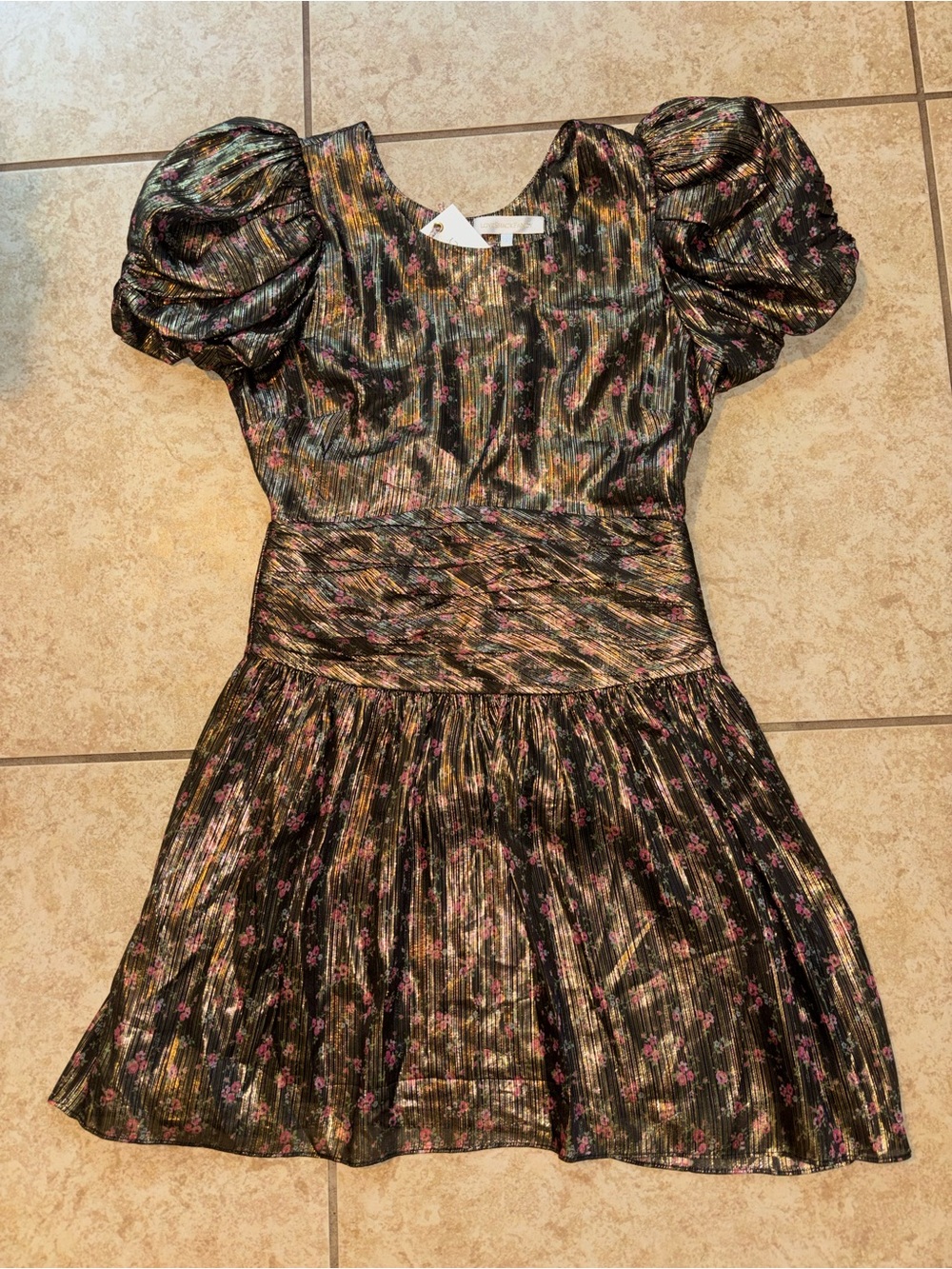LoveShackFancy Black Metallic Floral Puff-Sleeve Mini Dress